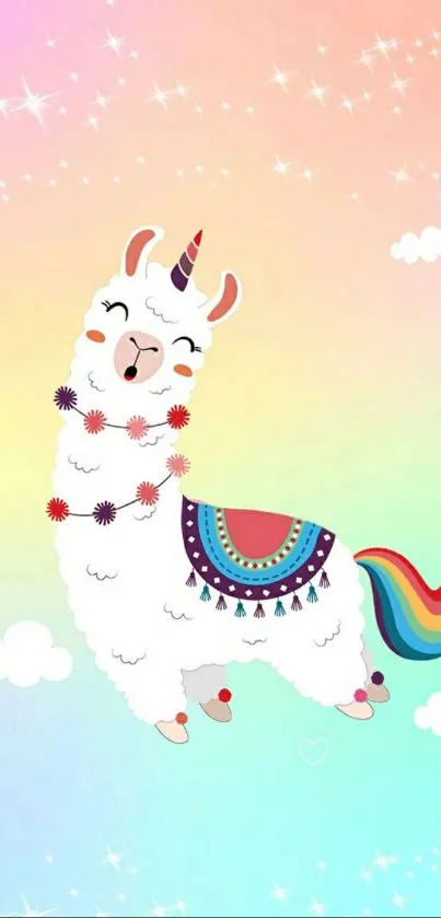 Cute rainbow llama with pastel background clouds.