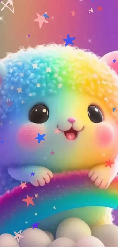 Cute fluffy mouse holding a rainbow in a colorful setting.