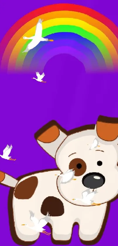 Cute cartoon puppy with rainbow and birds on a purple background.