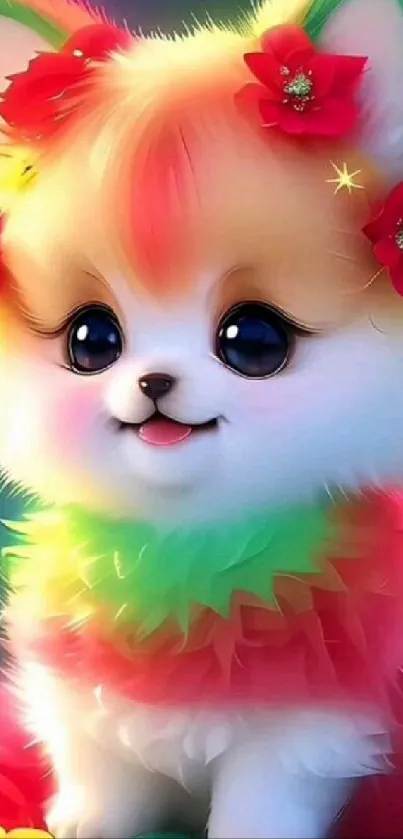 Adorable fluffy puppy with rainbow fur and floral decorations.