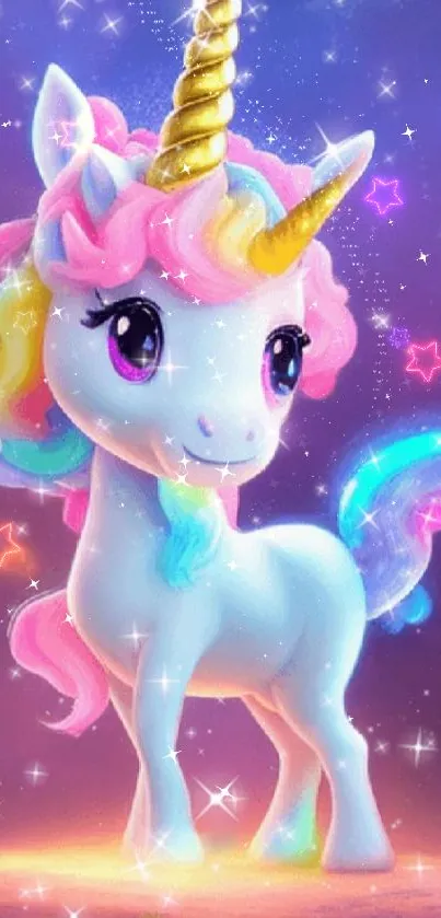 Colorful unicorn under a starry sky, with rainbow hues and a magical aura.