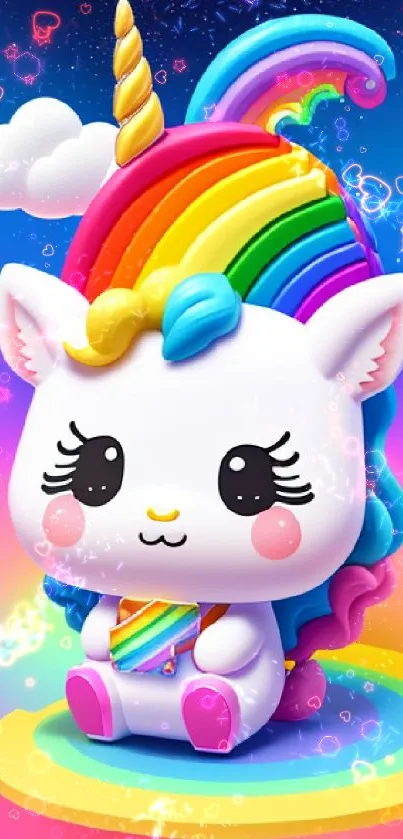 Adorable unicorn with rainbow mane on seamless colorful background.