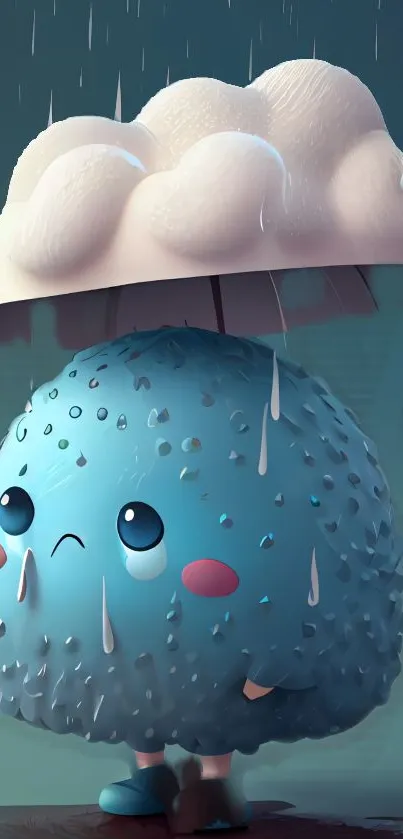 Cute raindrop creature with an umbrella in whimsical art.