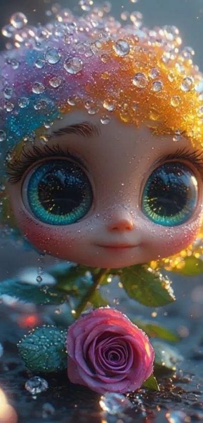 Adorable doll with raindrop-covered hair holding a rose.
