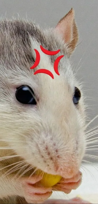 Cute gray rat with angry red symbol eating snack.