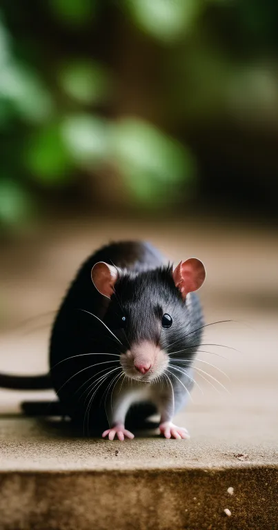 Adorable rat on a natural path with greenery in the background.