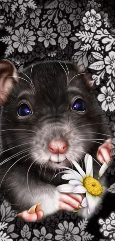 Cute rat holds daisy on black floral background wallpaper.