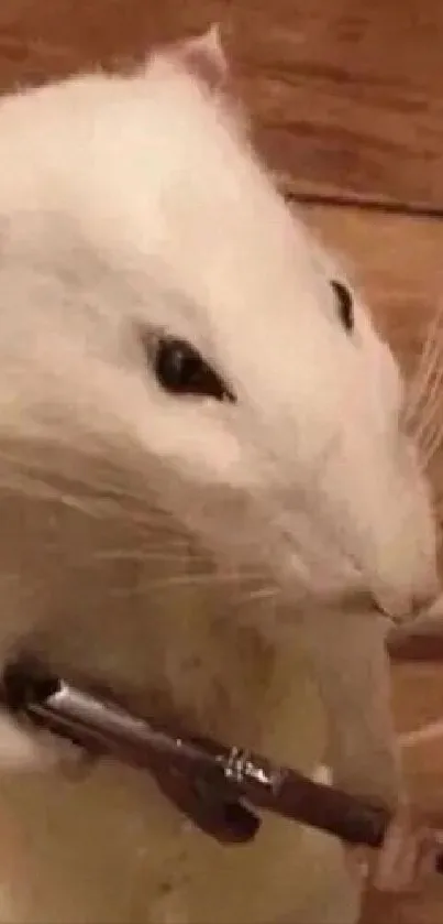 White rat holding toy gun on wooden flooring.