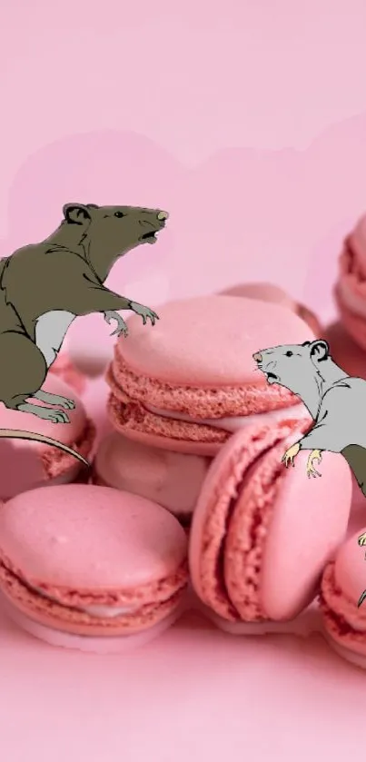 Illustrated rats on pink macarons wallpaper.