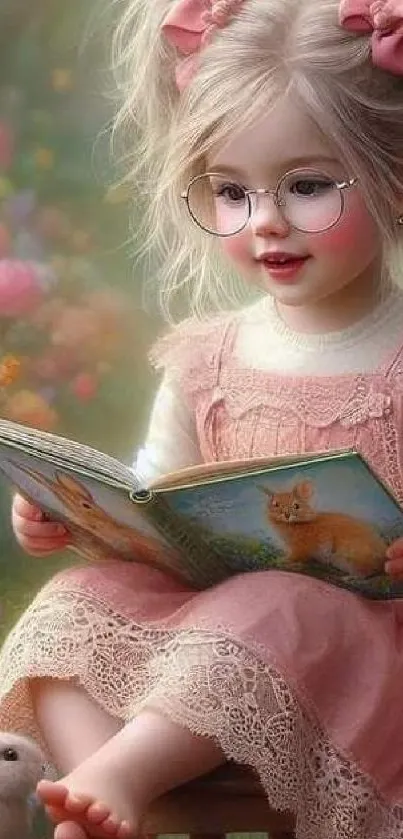 Young girl with glasses reading in a whimsical garden scene.