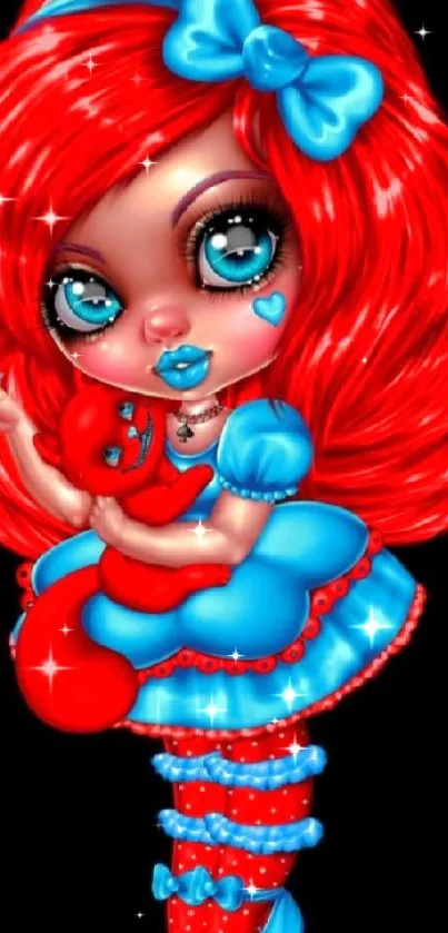 Cute cartoon girl with red hair and blue dress in colorful art style.