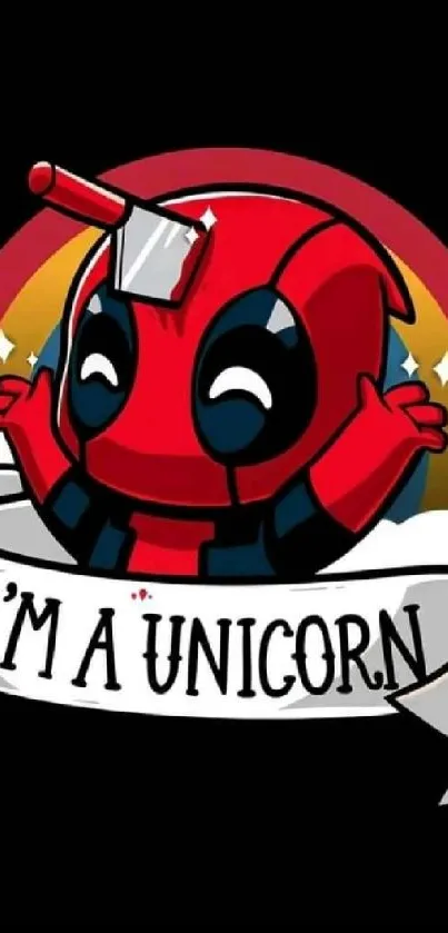 Cute red cartoon character with unicorn theme on a black background mobile wallpaper.