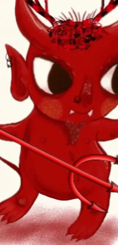 Cute cartoon red devil with pitchfork and horns on a phone wallpaper.