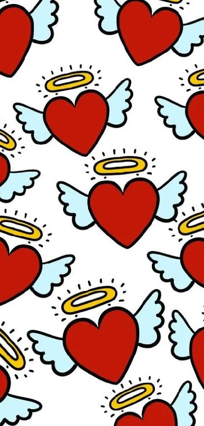 Red hearts with angel wings and halos on a wallpaper pattern.