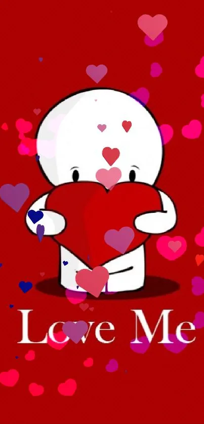 Cute character holding a red heart with 'Love Me' text on a maroon background.