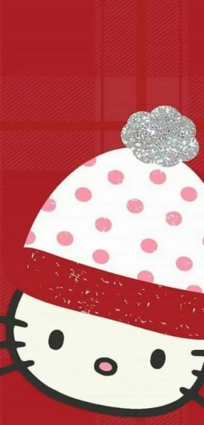 Cute Hello Kitty with polka dot hat on red background.