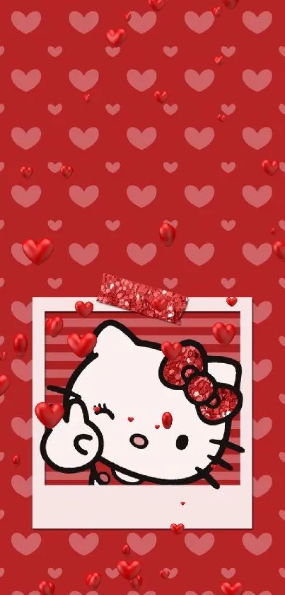 Cute red Hello Kitty wallpaper with heart designs.