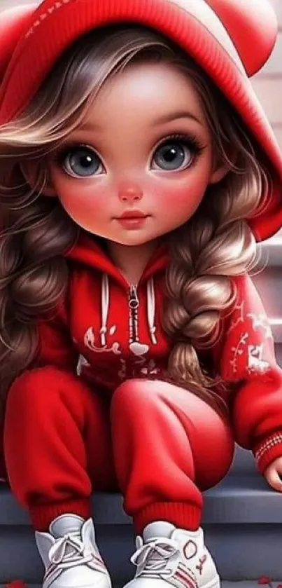 Adorable girl in red hoodie sitting on steps, digital art wallpaper.