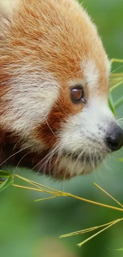 Close-up of a red panda surrounded by green leaves.