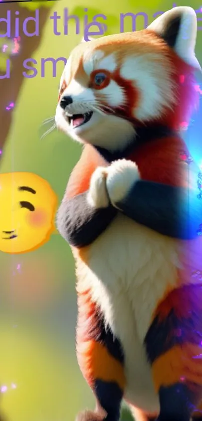 Cute red panda with emoji and vibrant background.