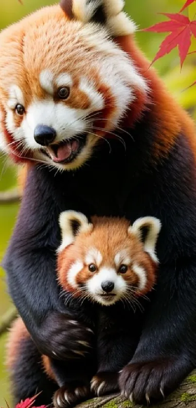 Adorable red pandas on a branch with colorful autumn leaves.