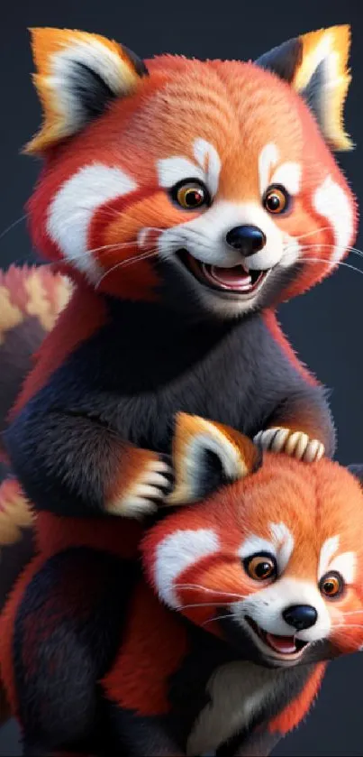 Playful animated red pandas in vibrant orange hues on a phone wallpaper.