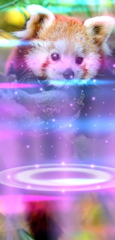 Enchanting digital art of a red panda with pink and purple magical elements.