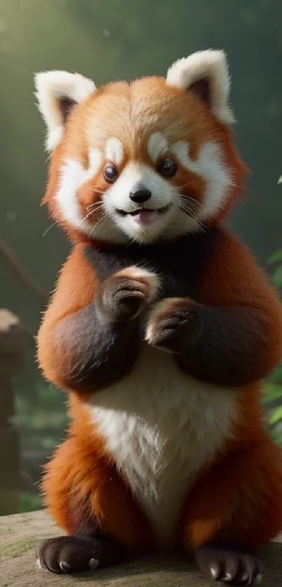 Adorable red panda standing in a forest, surrounded by nature.