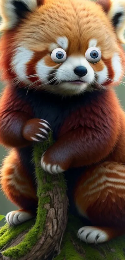 Adorable red panda perched on a branch in a lush forest setting.