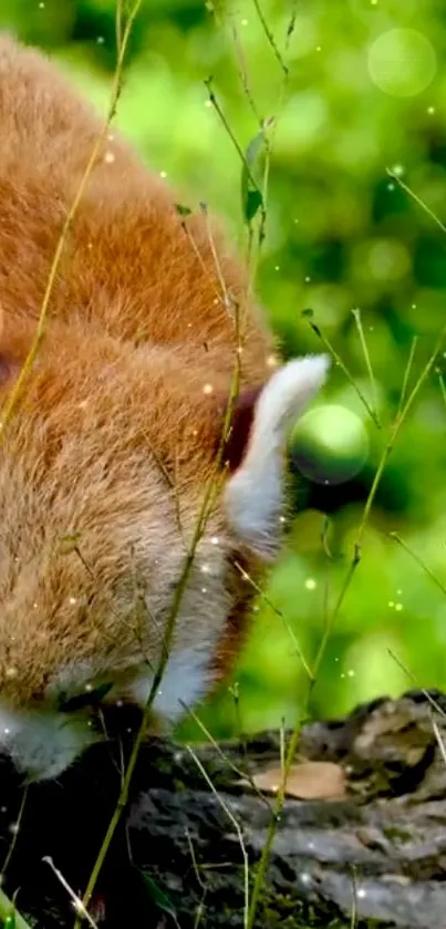 Adorable red panda in lush forest background.