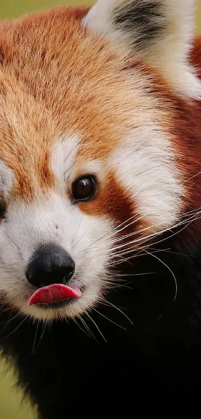 Adorable red panda with red and black fur on a mobile wallpaper.