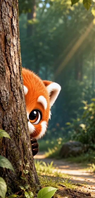 Adorable red panda peeks out from behind a tree in a green forest.