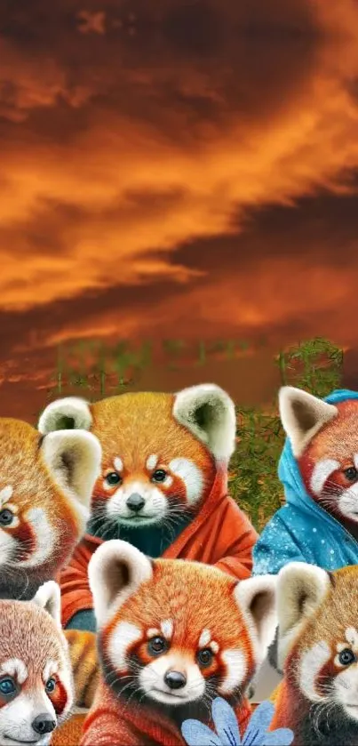 Cute red pandas in hoodies with an orange sky backdrop.