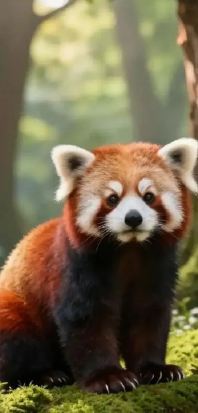Red panda in a lush green forest setting.