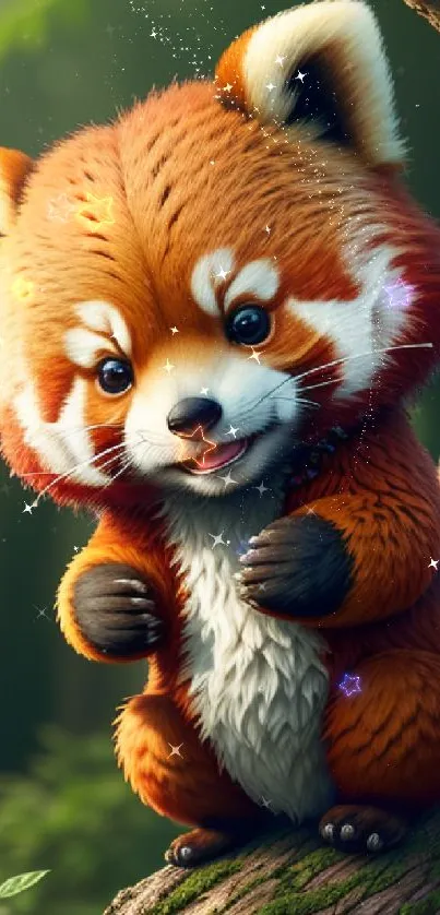 Adorable cartoon red panda in a lush forest setting on tree branch.