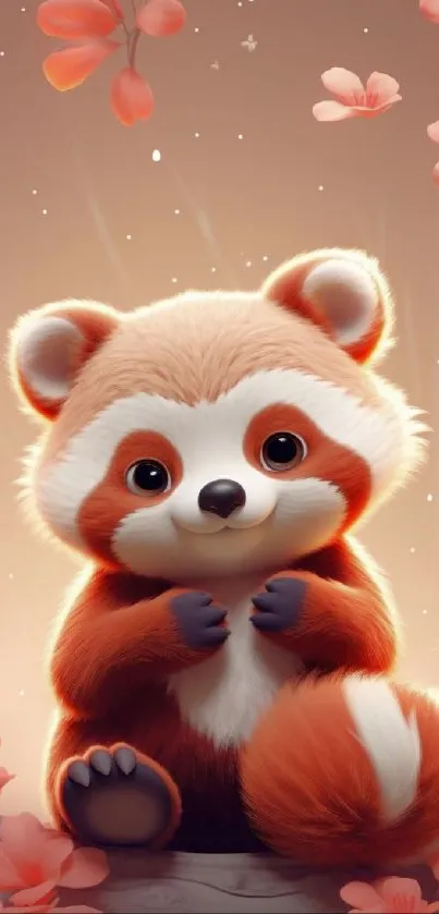 Cute red panda with floral accents on mobile wallpaper.