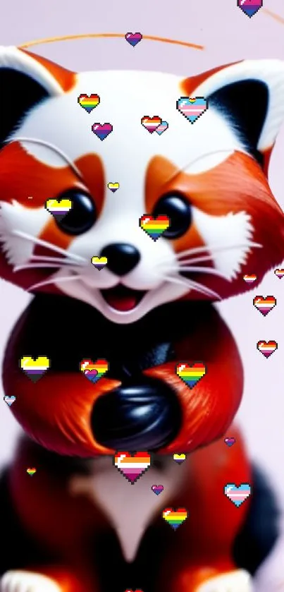 Cute red panda with heart emojis on a colorful background.