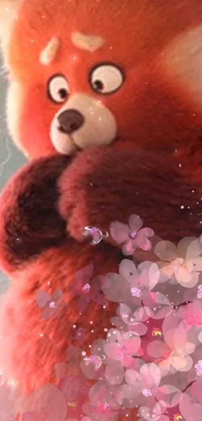 Red panda with pink blossoms, cute phone wallpaper.