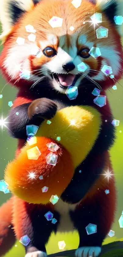 Adorable red panda in a vibrant forest setting.