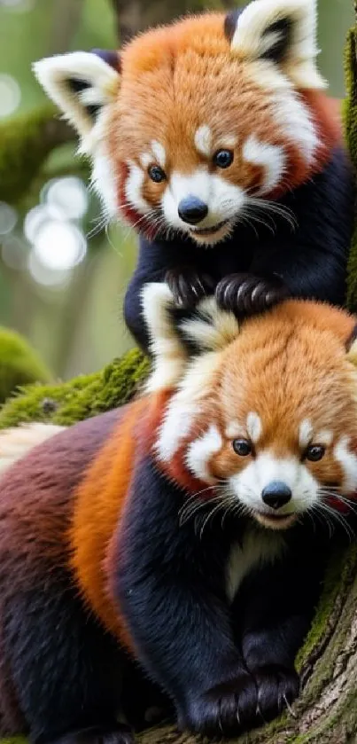 Adorable red pandas on a tree with a lush green background.