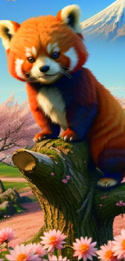 Adorable red panda perched on a tree with cherry blossoms and mountain background.