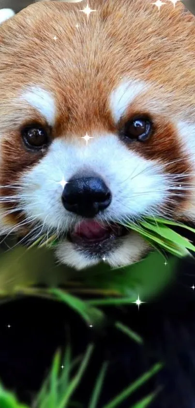 Adorable red panda munching bamboo, fluffy fur glistening with tiny sparkles.