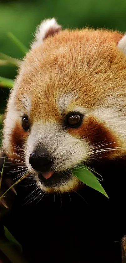 Red panda eating bamboo with green backdrop.