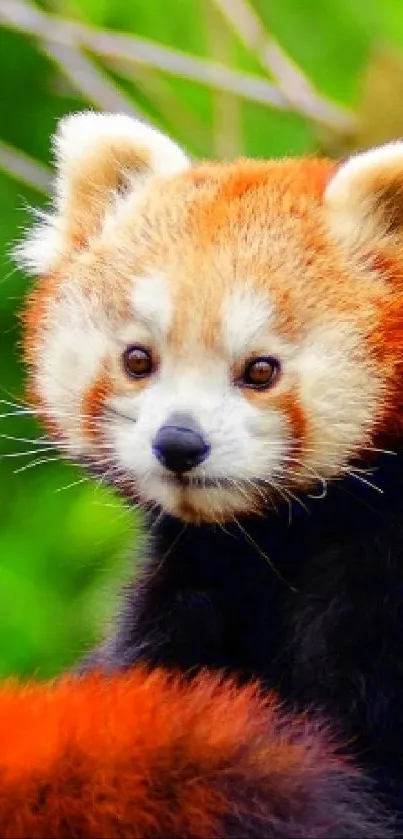 Red panda perched on a tree with a lush green forest background.