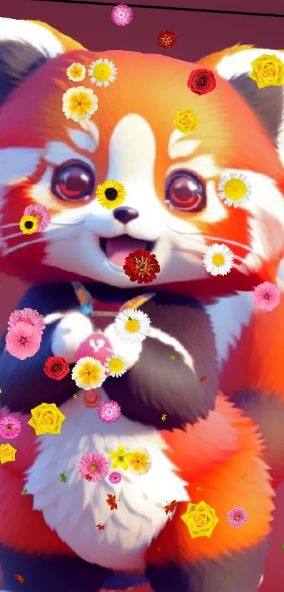 Cute red panda with colorful flowers on a bright background.