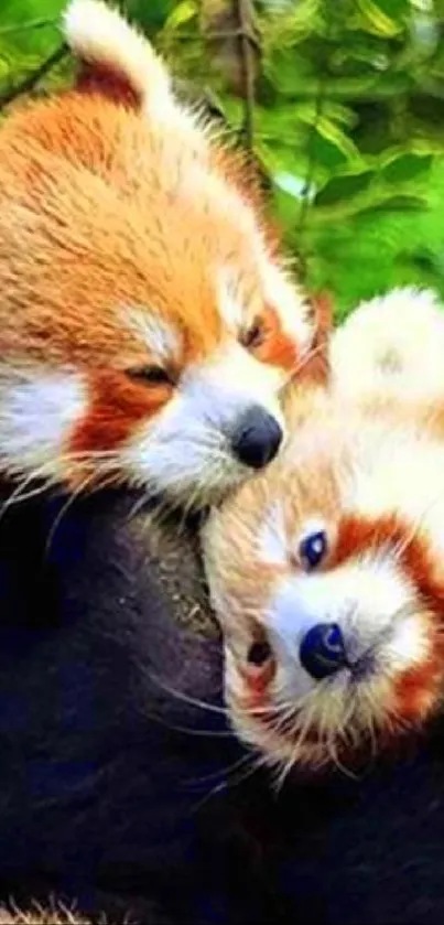 Two adorable red pandas cuddling in a lush green forest background.