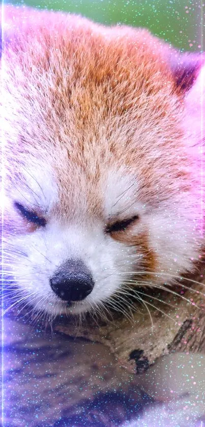 Serene sleeping red panda with glowing vibrant hues.