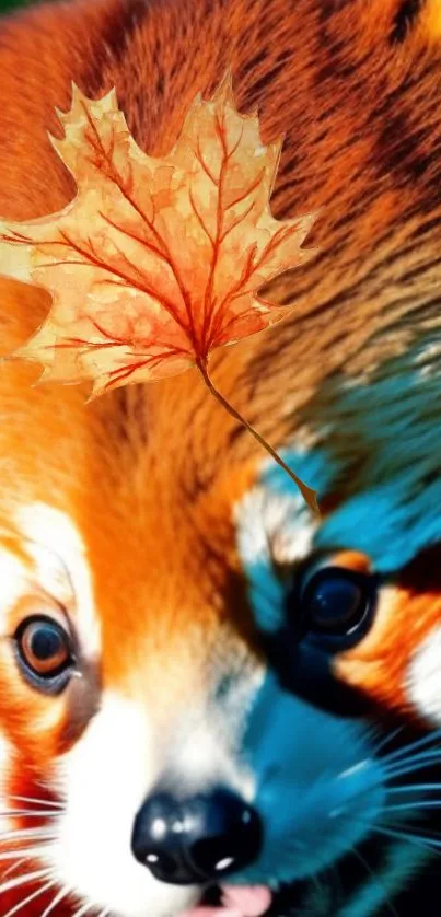 Close-up of a red panda with an autumn leaf on its head.