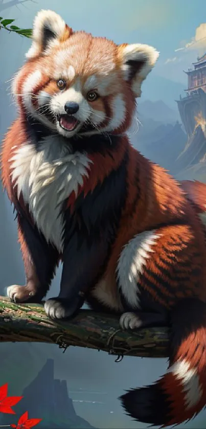 Illustrated red panda on a tree branch with scenic mountain background.