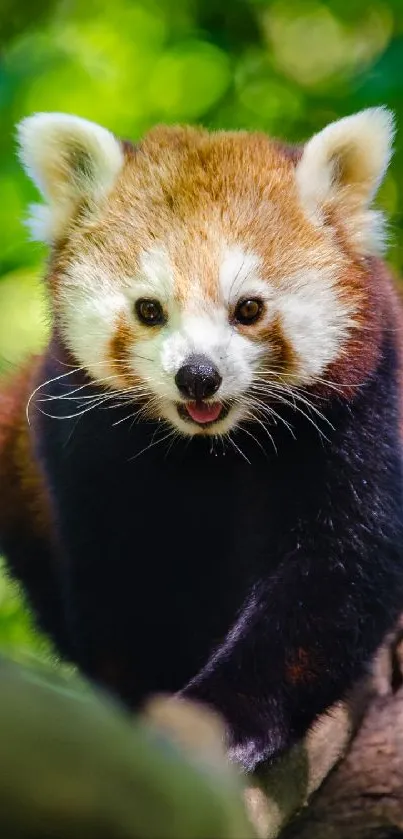 Adorable red panda on tree branch surrounded by lush green leaves.